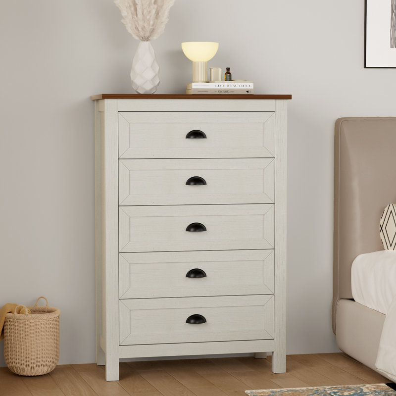 43.4" H 5- Drawer Dresser, Tall Chest Of Drawers, Closet Storage For Bedroom,White, White