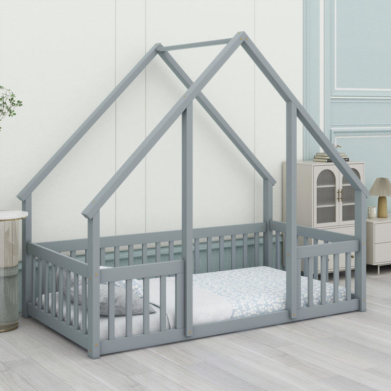 Playhouse Style Floor Bed with Protective Fence and Safety Guardrails, Grey