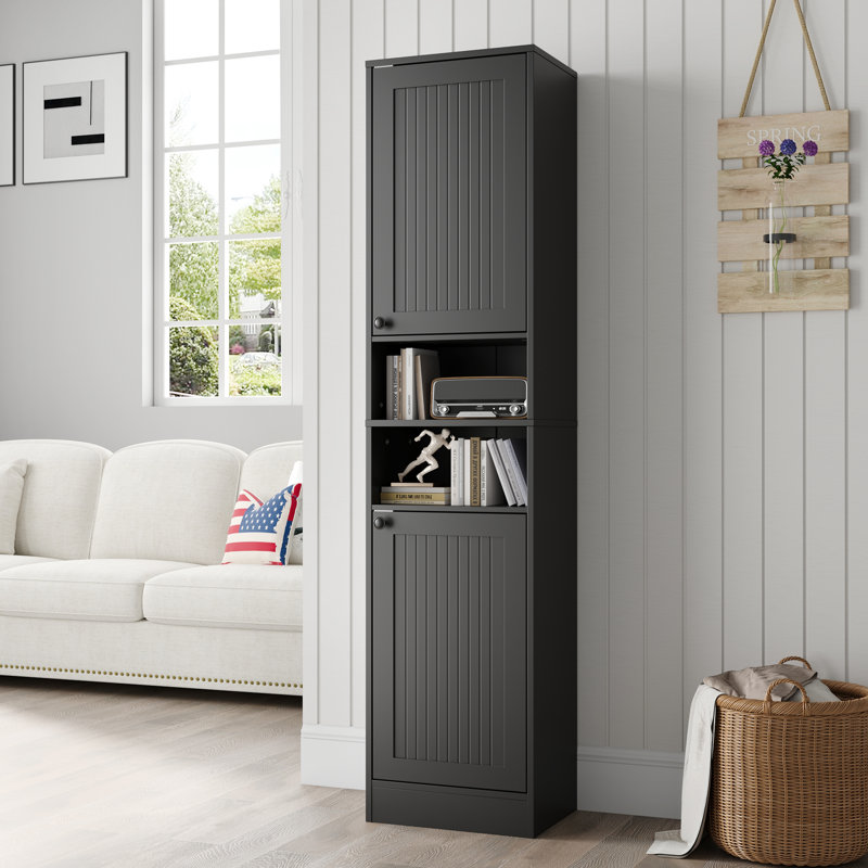 Farmhouse Bathroom Cabinet With 2 Doors, 67" Tall Slim Freestanding Cabinet, Narrow Floor Storage Unit With Open Shelf And Adjustable Shelves For Bathroom, Living Room, Kitchen, Black