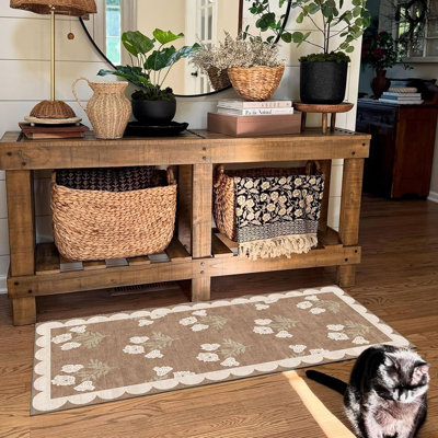 Front Door Mat - Tan - Floral, Washable, Layered, Non-Slip, Boho Farmhouse Runner Rug