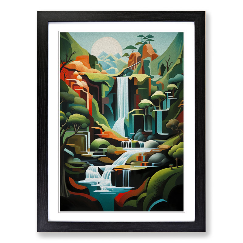 XYZ-FRM-V1223-6437 Waterfall Modern - Single Picture Frame Print on Wood, 64cm H x 46cm W x 2cm D, Black 