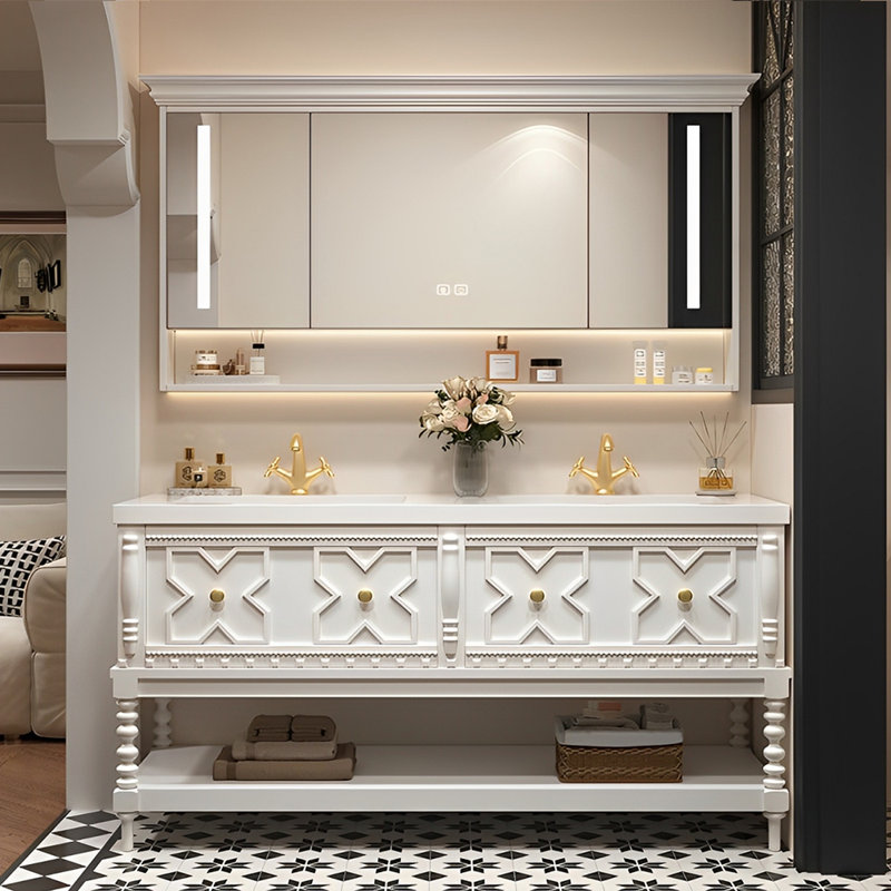 Armoire de salle de bain à double vasque rétro de style français, Blanc, H 32,28 po x l 59,06 po x P 21,65 po