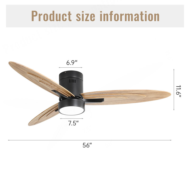 Ventilateur de plafond encastré de 56 pouces de conception moderne avec lumière et télécommande, moteur à courant continu réversible à 3 pales en bois massif noir