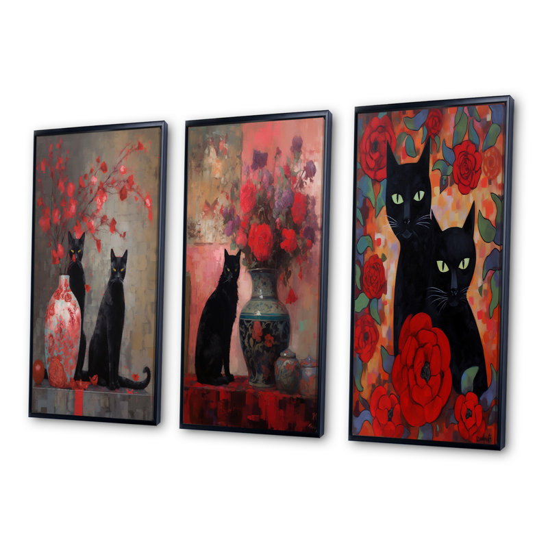 Black Cat Next Vase With Red Flowers Painting - Animals Cat Art Set Of 3 Pieces, Cadre noir, H 32 po x l 48 po