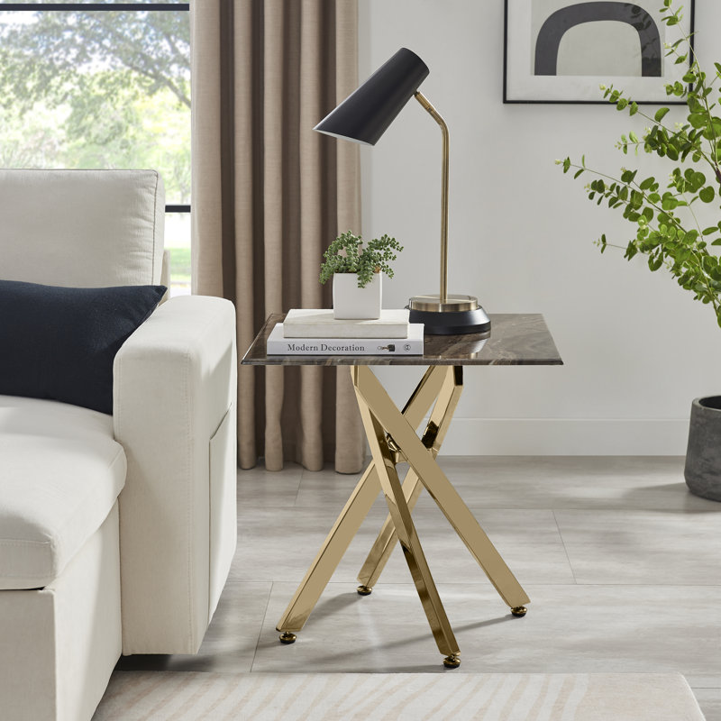 Leonardo Side Table Grey Glass Marble Top Silver Legs, Gold Chrome Metal, Grey Marble Effect