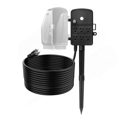 Piquet électrique d'extérieur, cordon d'extension de 25 pi, multiprise extérieure résistante aux intempéries avec couvercle et protection contre les surcharges, 6 prises, 15A / 1875W, piquet de jardin multi-sorties imperméable pour lumières de Noël