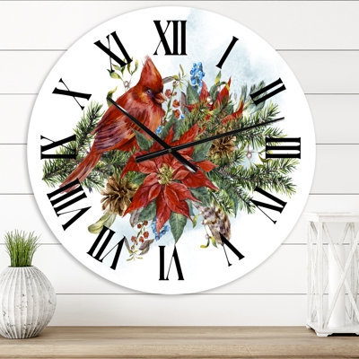 Christmas Poinsettia and Red Cardinal Bird - Traditional wall clock