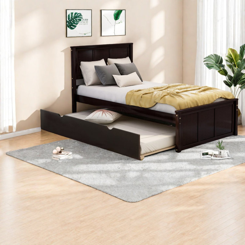 Lits simples peu encombrants avec lit gigogne, structure en bois robuste, finition espresso