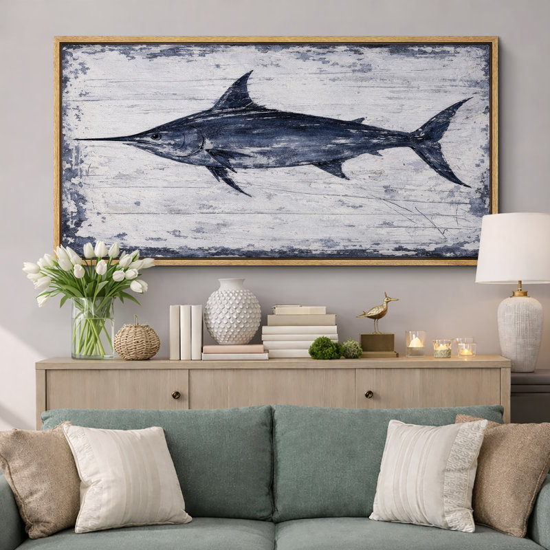 Impression sur toile encadrée rétro vintage espadon bleu sur bord de mer nautique extra large, H 30 po x l 60 po x P 1,5 po