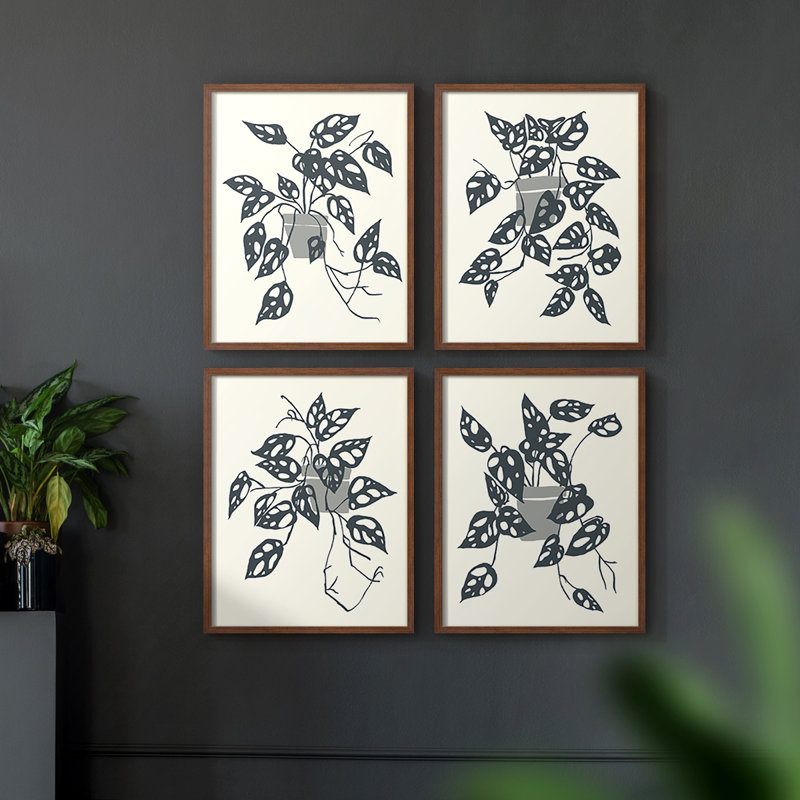 «Naissant I», 4 pièces sur papier, H 14 po x l 44 po, Cadre noir