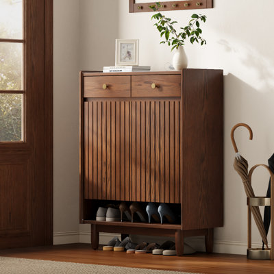 Solid Wood Shoe Cabinet with 2 Drawers, Fluted Doors and Bottom Shelf