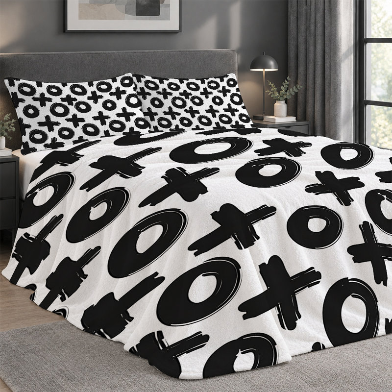 Ensemble de couverture en flanelle légère de qualité supérieure et 2 taies décoratives avec motif noir et blanc Plus 3)