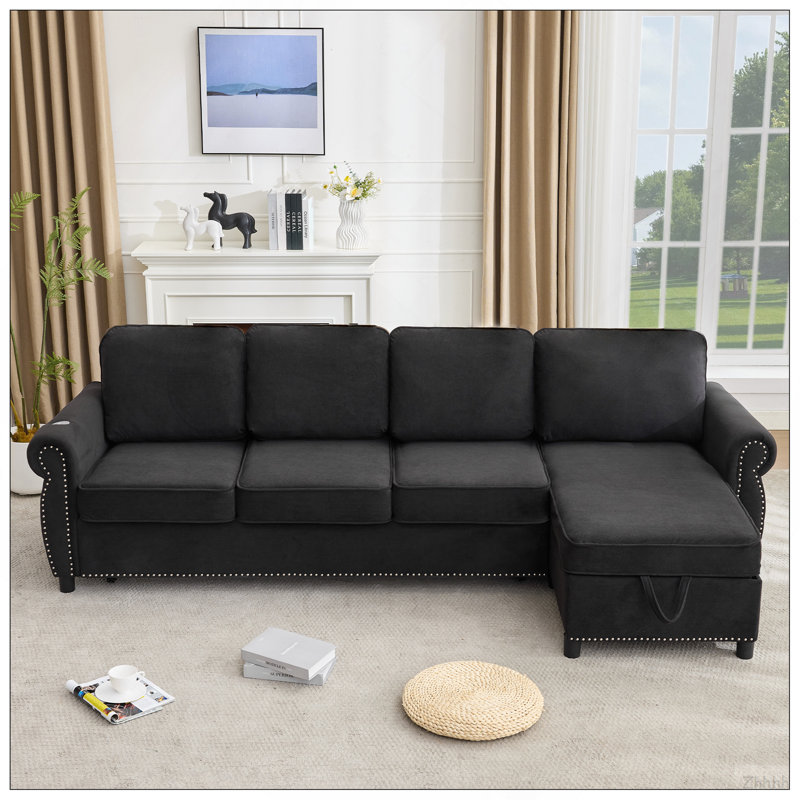 [Nouveauté] [Vidéo fournie] Canapé-lit escamotable de 106,5 po, canapé modulaire en L 4 places, canapé-lit 2 en 1, chargement sans fil, ports de chargement USB, matelas en mousse à mémoire de forme, espace de rangement, flanelle, noir