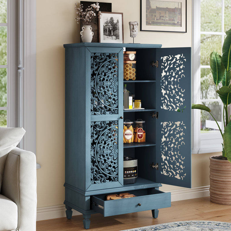 Rustic Tall Storage Cabinet With Drawer And Carved Wood Doors, Solid Wood Legs For Multi-Room Organization And Timeless Style.