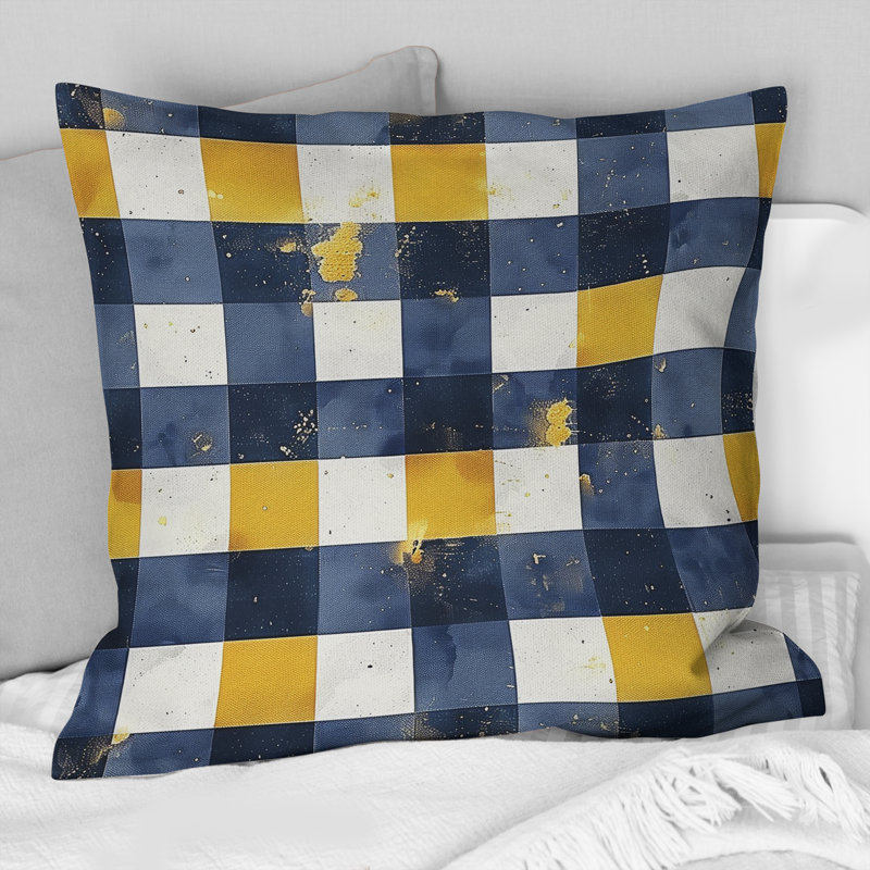 Imprimé vichy bleu et jaune I - coussin décoratif moderne, H 18 po x l 18 po