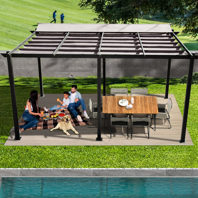 11 X 16 Ft Dark Gray Courtyard Relaxation Center Pergola With Canopy. Aluminum, Fabric, Adjustable For Relaxing Patio Entertainment Area Aluminum Frame, Fun And Games