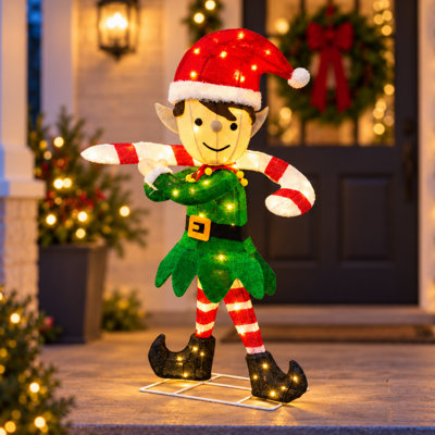 Décoration de Noël extérieure lumineuse de 38 pouces représentant un lutin du Père Noël avec une canne de Noël