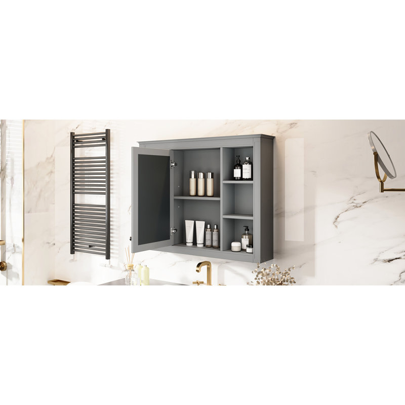 Armoire de salle de bain avec miroir, fixation murale, grise, tablettes réglables, armoire moderne avec miroir, poignée rétro, rangement fonctionnel
