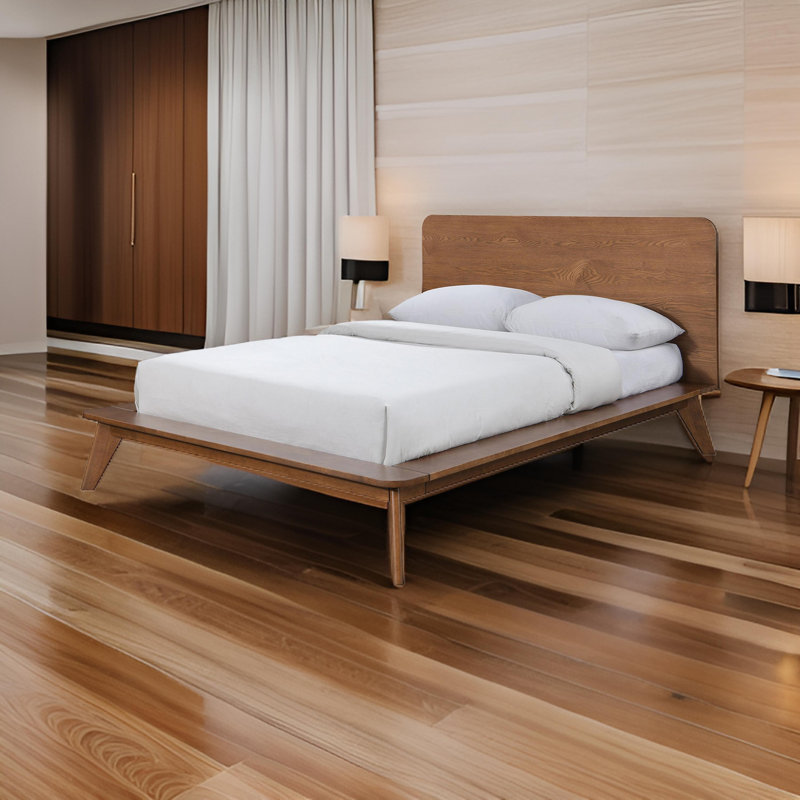 Stacy Queen Size Platform Bed, Panel Headboard, Walnut Brown Solid Wood, Queen