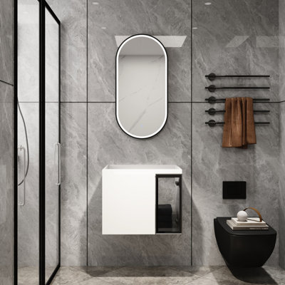 Meuble-lavabo mural de 24 po, 2 portes à fermeture douce, finition blanche brillante, 1/2 porte en verre gris, matériau en contreplaqué, ensemble de rangement, sans lavabo, meuble-lavabo contemporain de 24 po pour salle de bain,