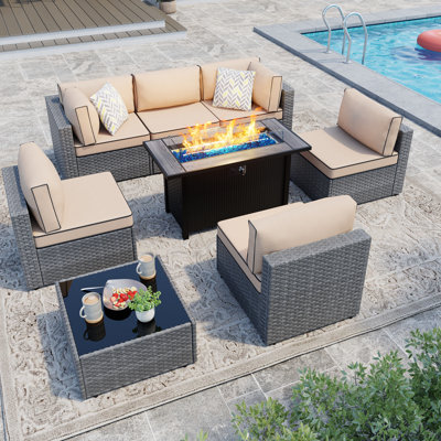 Bushrah 6-Person Outdoor Patio Seating Group with Cushions and Fire Pit Table