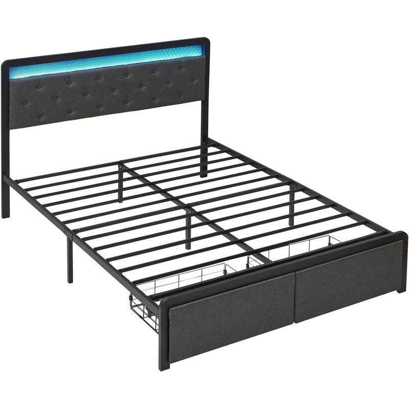 Grand lit avec rangement et tête de lit à DEL, lit plateforme tapissier capitonné et support à lattes en métal
