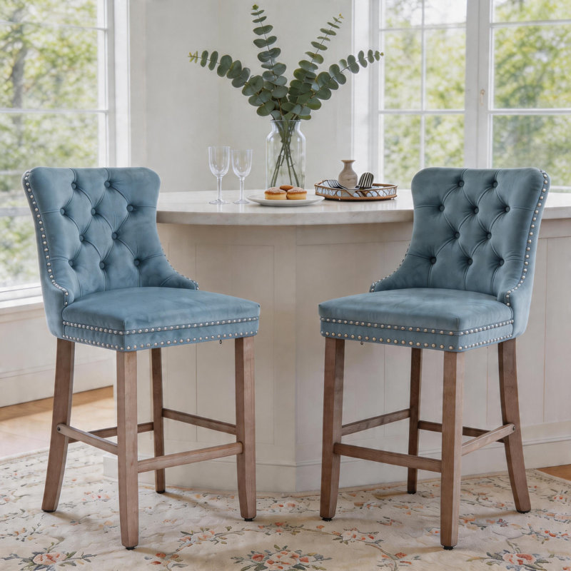 Contemporary Velvet Counter Height Bar Stools (Set of 2), Light Blue Velvet/Natural Frame