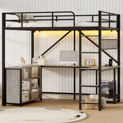 Lit mezzanine double avec bureau en U, casiers et lumières DEL