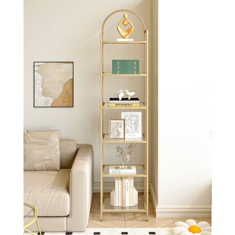 Bookcase Bookshelf, Tempered Glass Bookshelves, Slim Shelving Unit for Bedroom, Bathroom, Home Office, Steel Frame, 6 Tier Gold