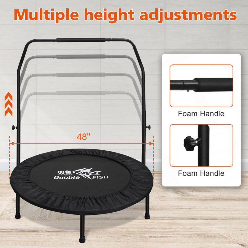 Mini trampoline réglable de haute qualité à poignée en mousse de 48 po - Peut supporter jusqu'à 400 lb, rebondisseur rectangulaire noir pour adultes - idéal pour les entraînements intérieurs et extérieurs