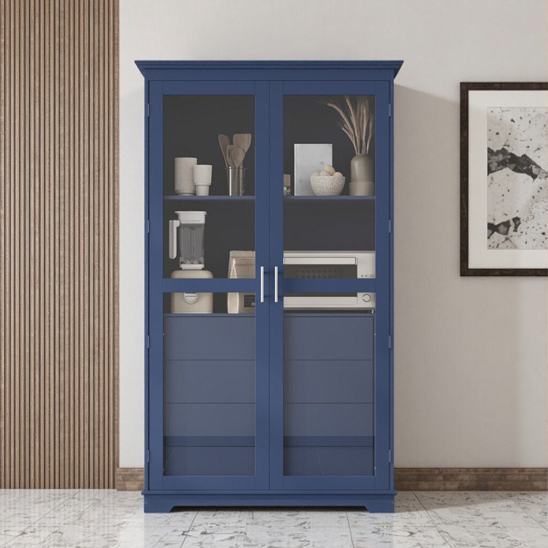 Vitrine de cuisine autoportante avec portes en verre et 4 tiroirs Blue Farmhouse - l 44,7 po x P 20 po x H 75 po