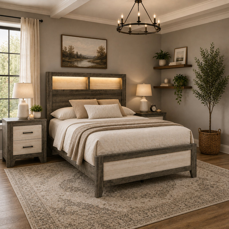 Ensemble de chambre pour grand lit, gris, blanc, bois de frêne clair, bois noir, ensemble de 3 pièces avec 2 tables de chevet