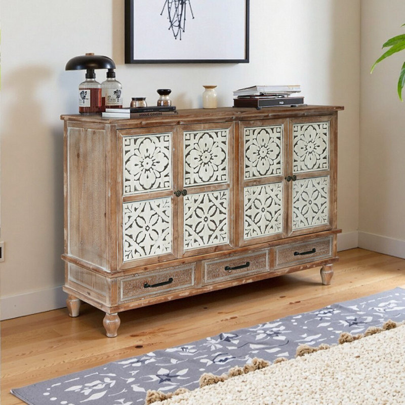 Distressed Natural Wood Sideboard Buffet Cabinet with 4 Doors & 3 Drawers - Adjustable Shelves, Easy Assembly, for Living Room, Dining, or Kitchen