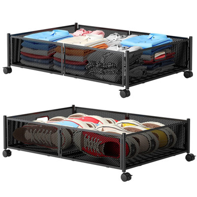 Under Bed Storage Bins with Wheels, Foldable Metal Mesh Clothes Drawer Organizer, 2 Pack, (Black)