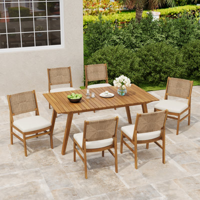 Liz Outdoor 7-Piece Acacia Wood & Wicker Woven Dining Set With Cushions