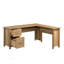 Bureau en L avec finition grain de bois naturel, grande surface et gestion intégrée des câbles pour les espaces de travail modernes.