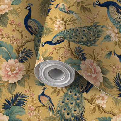 Peel and Stick Wallpaper Contact Paper Seamless chinoiserie style herons peacock birds Self Adhesive and Removable 24in x 118in(60x300cm)
