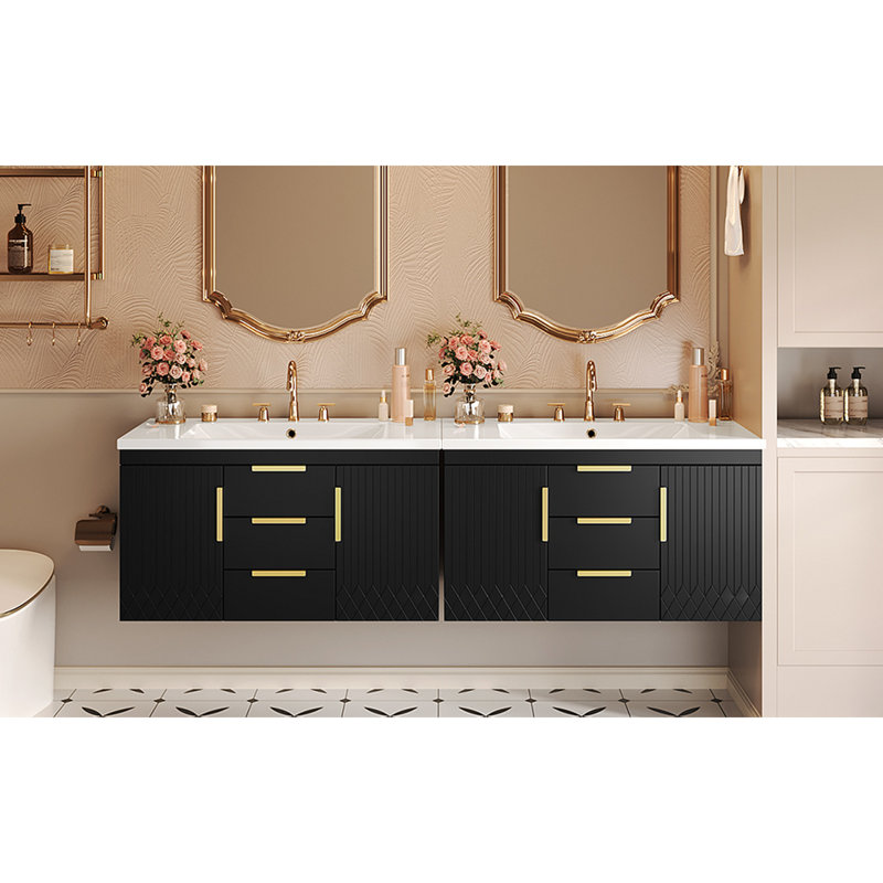 Meuble-lavabo mural 36 po avec lavabo en résine, armoire de rangement flottante avec 2 tiroirs, armoire de salle de bain en bois massif