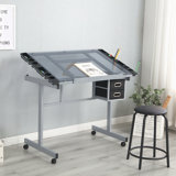 Adjustable Art Drawing Desk Craft Station Drafting   With 2 Non-Woven Fabric Slide Drawers And 4 Wheels