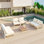 Ensemble de canapé modulaire de patio en métal 7 pièces Modern Minimalist, ensemble de conversation pour jardin toutes saisons avec coussins épais et table basse pour l'intérieur et l'extérieur