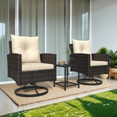 3-piece Outdoor Swivel Rocker Patio Chairs Set, Rattan Patio Bistro Set With 2 Rocking Chairs And 1 Coffee Table, Comfortable Cushions, All-weather Pe by Winston Porter