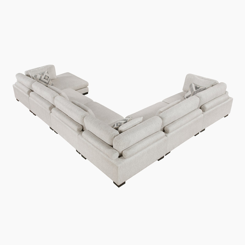 Hulett 135" Modern Modular Sectional with Microfiber Fabric, Reversible Chaise & 9 Pillows, Beige Microfiber