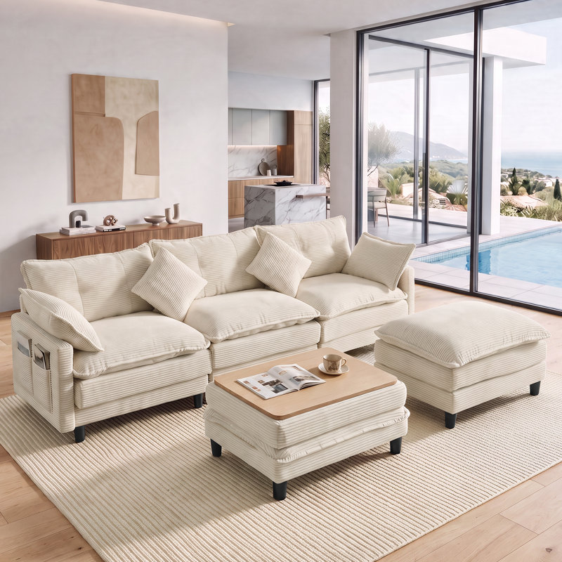 Canapé d'angle modulaire confortable de 274 cm de large, canapé nuage en velours côtelé en forme de U 5 pièces avec poufs, assemblage sans outil