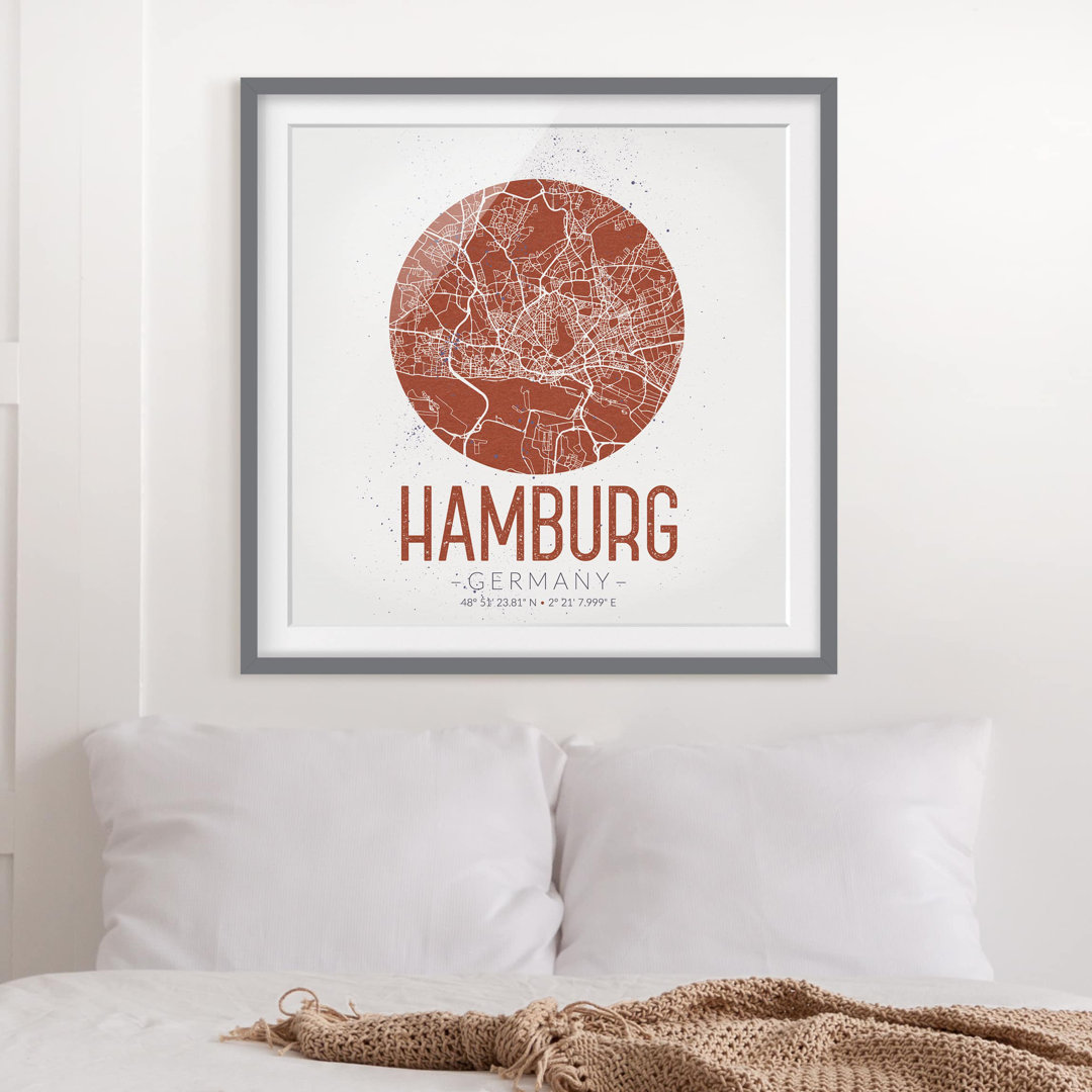 Gerahmtes Papierbild Stadtplan Hamburg - Retro