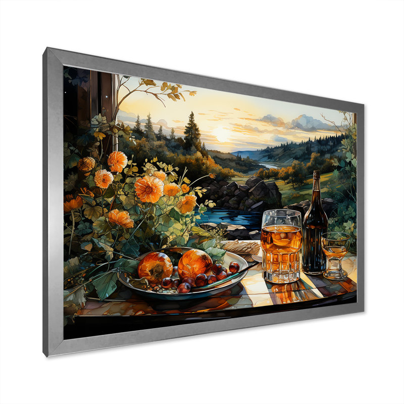 Repas de pique-nique, charme sur toile, Cadre simple argenté, H 24 po x l 32 po x P 1 po