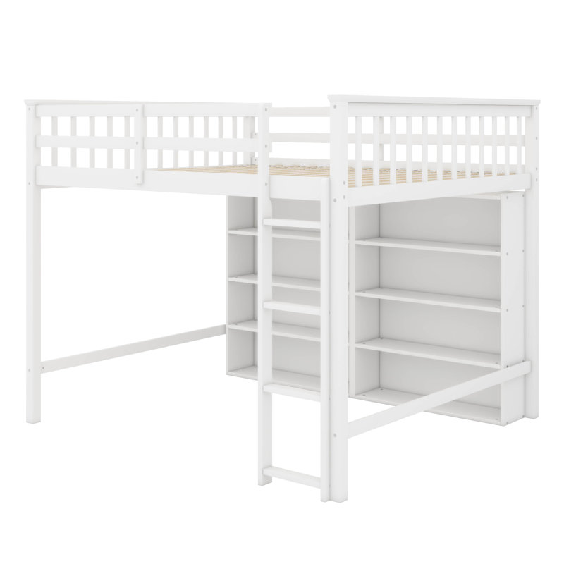 Lit mezzanine double avec 8 tablettes de rangement faciles d'accès et une échelle attachée, Blanc
