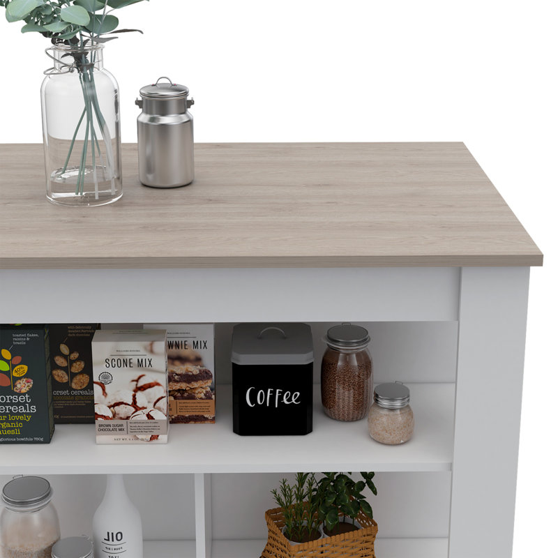 Îlot de cuisine à 3 tablettes blanc et gris clair, 3 tablettes de rangement, Gris clair / Blanc