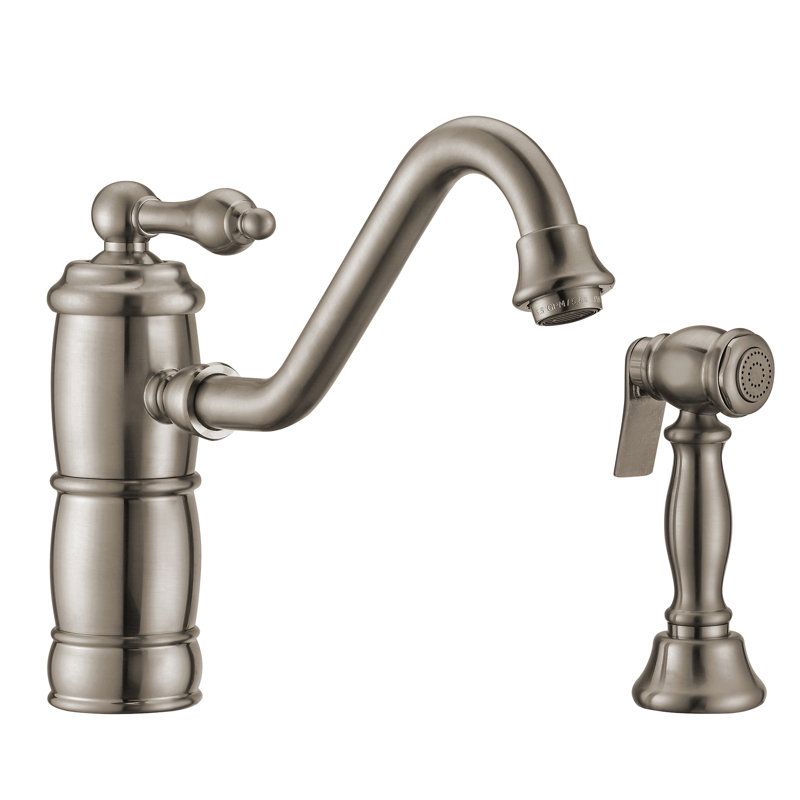 Robinet à levier simple Vintage III Plus avec bec pivotant traditionnel et douchette latérale en laiton massif, Nickel brossé
