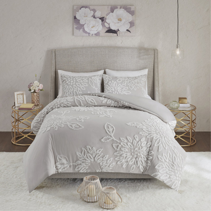 Ensemble d'édredon 3 pièces en chenille de coton touffeté à motif floral gris chaud / blanc double / grand