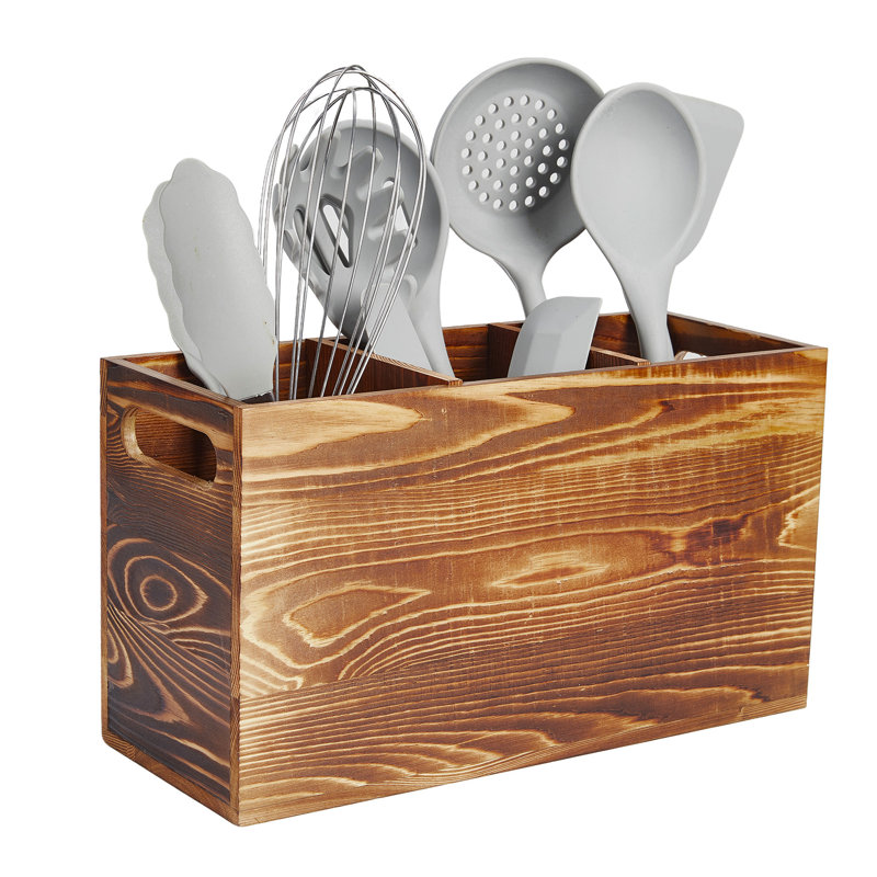 Porte-ustensiles de cuisine en bois Farmhouse, organisateur de comptoir à 3 compartiments avec poignée latérale, rangement pour les ustensiles de cuisine